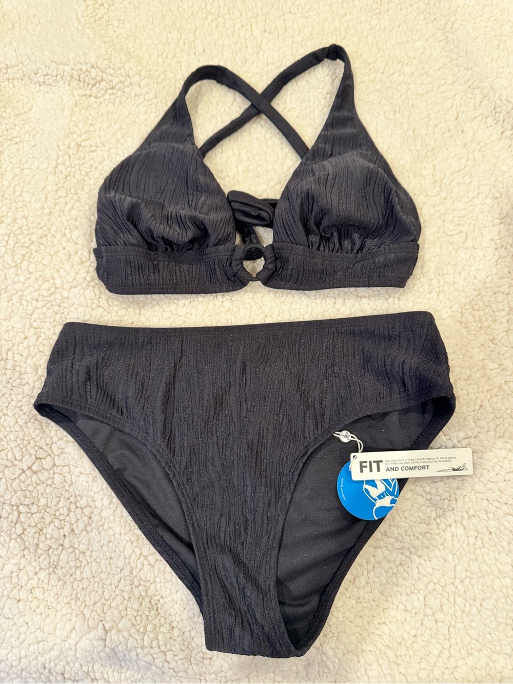 Cupshe Black Textured Ring-Front High-Waist Bikini